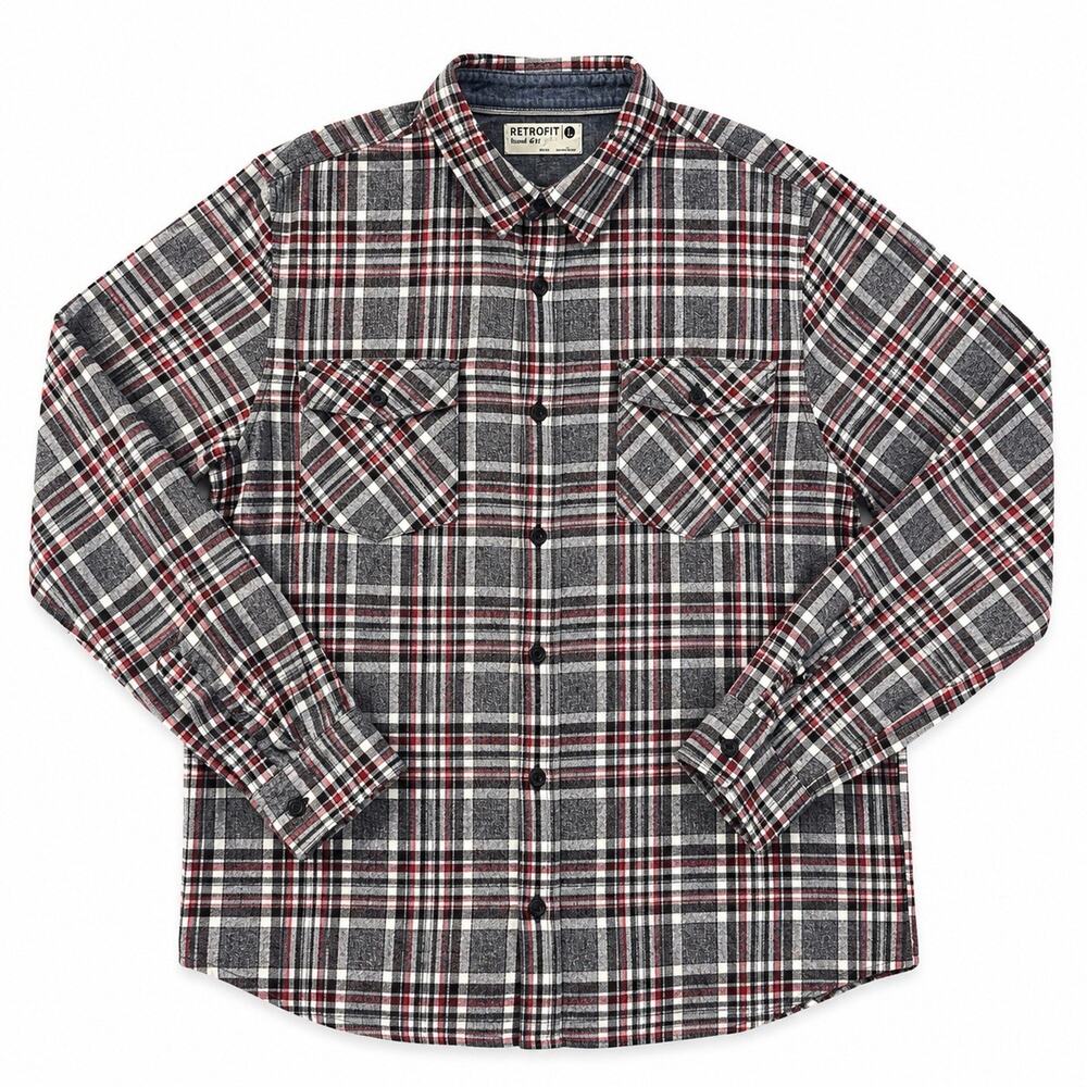 Retrofit Men's L Cotton Flannel Plaid Long Sleeve Button-Up Shirt Pockets